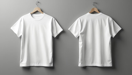 Two white blank t-shirts hanging on wooden hangers. Front and back view of the plain shirts on gray background. Design template for clothing branding or mockup.