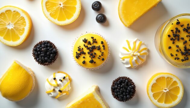 Bright yellow lemon desserts with dark berries arranged on white surface. Offers tart flavor and sweet bite. Ideal for cafes bakeries and blogs.