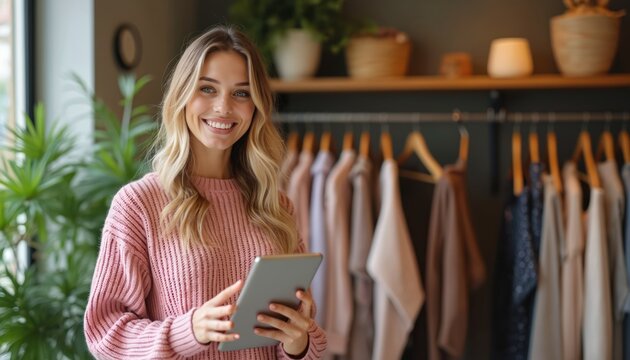 Smiling female store owner uses tablet in fashion boutique. Woman holds device near clothing racks. Businesswoman works in modern shop. She looks at camera. Retailer is happy - Powered by Adobe