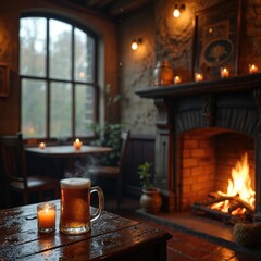 Warm inviting pub interior with fireplace and beer. A cozy English pub with a burning fire and candle. Mug of beer and candle on wooden table. Rainy day outside window.