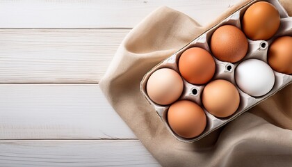 Top Down View Of A Carton With A Dozen Assorted Chicken Eggs In Various Sizes And Colors Placed On A White Wooden Surface With A Linen Napkin And Copy Space Rustic Farm To Table Concept With Natural