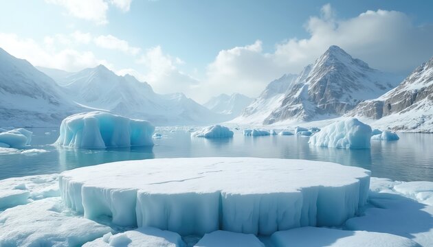Frozen ice platform floats in calm arctic water. Snow covered mountains rise behind icebergs. Clear sky with soft clouds overhead. Peaceful winter landscape.