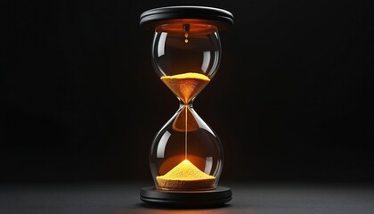 Golden sand flows through glass hourglass on black backdrop. Timer measures passing seconds, minutes, hours. Represents deadlines, patience, time management, and history.