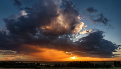 Dramatic Sunset Sky With Dark Storm Clouds And A Warm Orange Glow On The Horizon Creating A Powerful Contrast Between Light And Shadow In The Evening Atmosphere