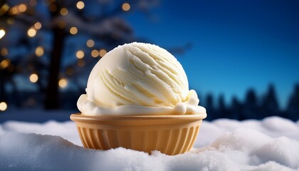 Cold Contrast Vanilla Ice Cream On A Snowy Stage