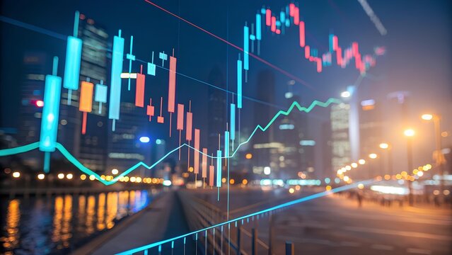 Financial stock market trading chart overlayed on a city skyline at night