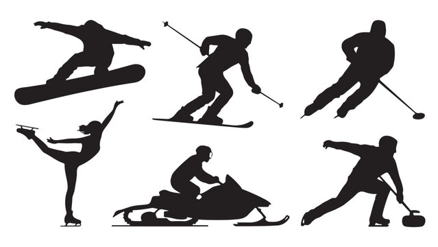 Collection of winter sport silhouettes vector illustration of various activities like skiing snowboarding and ice skating isolated on white