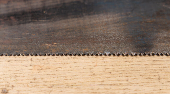 Gros plan sur une lame de scie à bois, posé sur une planche.
