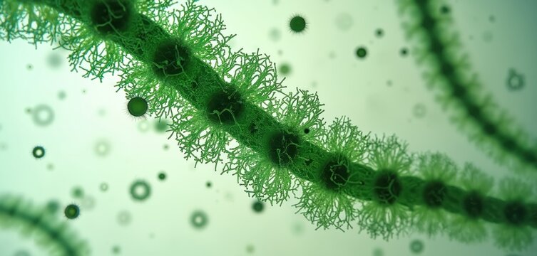 Microscopic photo of Nostoc sp. green algae with cyanobacteria cells. Bio organism in aquatic eco system. Green life cells background under lab analysis in research.