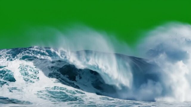 Dramatic ocean wave curling against a green screen backdrop, perfect for compositing and visual effects, adding powerful ocean elements to your creative projects