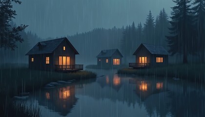 Fototapeta premium Three cabins sit by a dark lake during heavy rain. Warm lights glow from windows. Pine trees form a backdrop on a hill. The atmosphere is gloomy and wet.