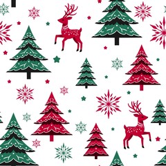 Seamless pattern Reindeers and Pine trees, Christmas trees on a white background, perfect for textile, fabric, wrapping paper
