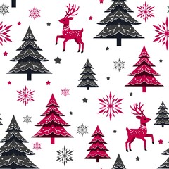Seamless pattern Reindeer and pine trees, Christmas trees on a white background, perfect for textile, fabric, wrapping paper
