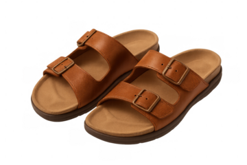 Pair of brown leather open-toed sandals with adjustable buckles, casual summer footwear for relaxation and leisure