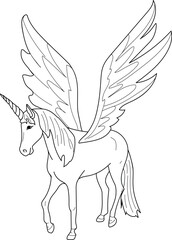 Coloring page with unicorn with wings isolated on white background