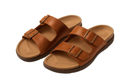 Pair of brown leather open-toed sandals with adjustable buckles, casual summer footwear for relaxation and leisure - Powered by Adobe