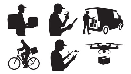 Delivery service silhouette icons featuring courier van bicycle and drone vector illustration for logistics and transportation
