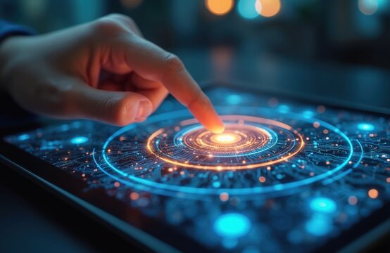 Person interacts with digital tablet. Finger touches screen activating data flow. Futuristic user interface displays glowing circuits. Modern tech concept illustrates connection online network system.