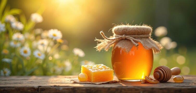 Jar of golden honey with honeycomb sits on rustic wooden table. Beeswax product near daisies in sunlit meadow. Natural sweet food from bees.