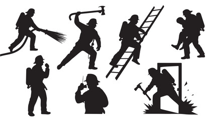 Firefighter silhouette set featuring various actions like climbing a ladder and using an axe vector illustration isolated on white