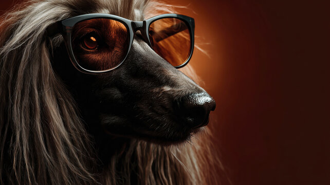 Glamorous Afghan Hound with sunglasses radiating charm, framed against a warm, inviting backdrop, embodying canine elegance and style.