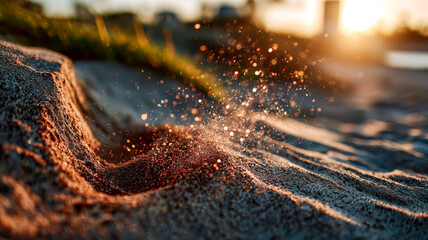 Sparkling granules of sand glisten in sunlight, creating a magical effect on the textured surface near a grassy dune.