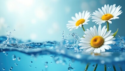 White daisy flowers float on clean blue water surface with splashes. Bubbles rise from submerged stems. Light background suggests springtime or summer day.