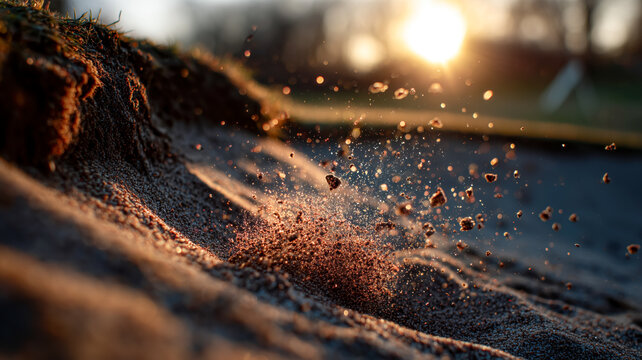 A close-up view captures the golden light illuminating dust particles as they're suspended in the air over sandy terrain at sunset