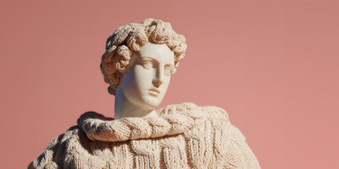 Surreal statue in a knitted sweater on a soft pastel background, blending classical art with cozy winter aesthetics. Perfect for branding and creative campaigns.