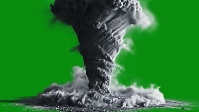 Dramatic tornado footage with intense swirling clouds against a vibrant green screen backdrop, perfect for weather reports or special effects composites in disaster movies
