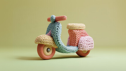 A cute pastel knitted scooter in a clean minimal scene, blending cozy handmade charm with playful design. Perfect for creative branding and illustration projects.