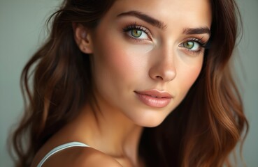 Naklejka premium Close up portrait of pretty young woman with clean skin and professional makeup. Girl has hazel eyes and long brown hair. Beauty concept for cosmetics brand advertisement