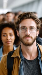 Fototapeta premium A young man with a beard and round glasses stands in a crowd of people. He is wearing a backpack and jacket, likely at an airport boarding a plane