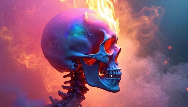 Human skull in vibrant colors burns with bright orange flame. Smoke swirls around skeletal structure, creating mystical atmospheric effect with dramatic lighting. Artwork evokes themes of