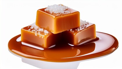 Delicious Sweet Caramel Pieces In Liquid Caramel Sauce Isolated On A White Background Soft Caramel With Sea Salt