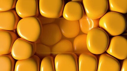 Abstract yellow squishy balls move and interact with each other with internal pressure trying to find a place for themselves