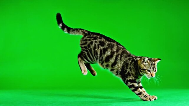 Bengal cat jumping playfully in studio, ready for action and adventure, perfect for pet-themed projects, animal lovers, and spirited content about agility and energy