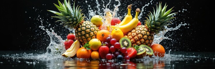 Tropical fruits lie in water with splashes. Exotic fruits like pineapple bananas kiwi strawberries and grape mix fall into water. Summer fruits for healthy nutrition and food.