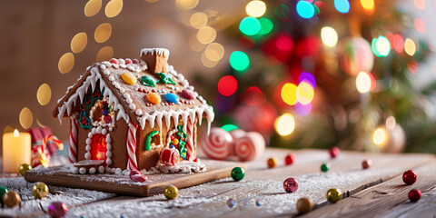 Festive gingerbread house decorated with colorful candies, frosting, and peppermint sticks, placed on a wooden table with Christmas lights glowing in the background.