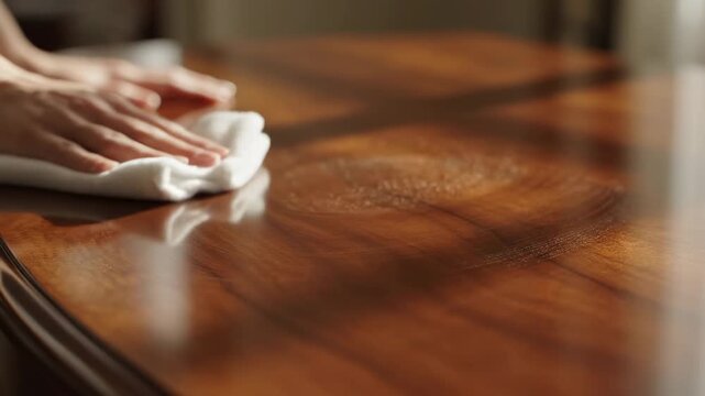 Close-up of a hand wiping and cleaning a wooden table with a white cloth, showing the process of dusting and polishing furniture for a spotless surface.