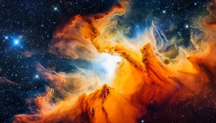Vibrant Orange And Yellow Nebula Glowing Amidst A Star Filled Deep Space Background Evoking A Sense Of Cosmic Wonder And Vastness