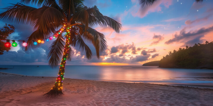 Palm tree decorated with colorful Christmas lights on a tropical beach during sunset. Festive holiday atmosphere in a warm exotic destination, combining Christmas spirit with summer vibes by the sea.