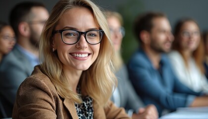 Smiling woman wearing glasses at meeting. Businesswoman attends conference. Blond hair female portrait in pro environment. People listen, discuss. Corporate team working indoors during event in