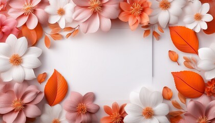 Beautiful Abstract Color White And Pink Flowers On White Background And White Flower Frame And Orange Leaves Background Texture Flowers Banner