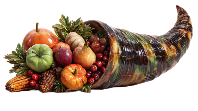 A cornucopia filled with an assortment of fruits and vegetables for a thanksgiving celebration feast - Powered by Adobe