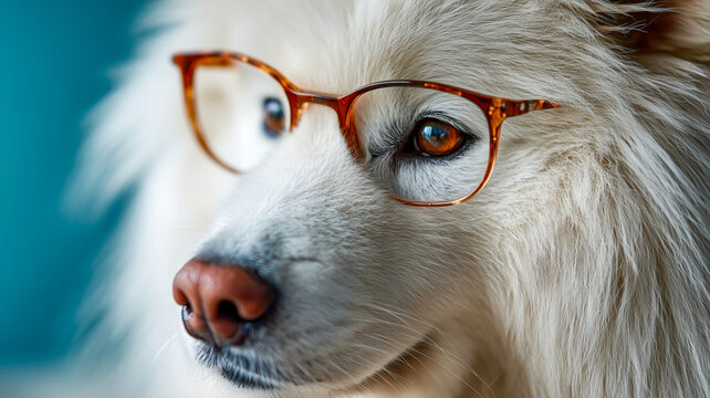 A sophisticated dog, sporting stylish tortoise-shell glasses, exudes intelligence and charm against a cool teal background. Such a scholar!