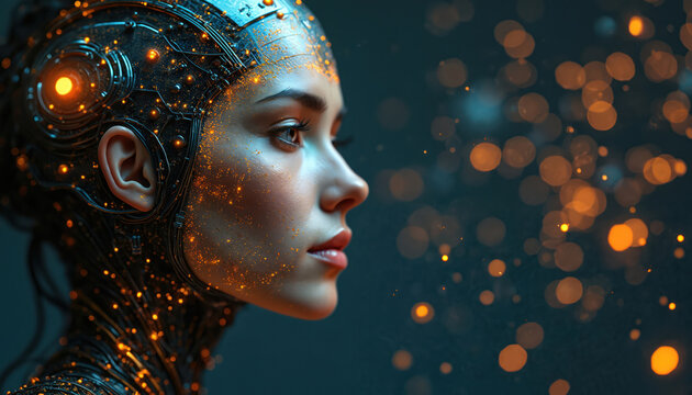 Artistic portrait of a woman with circuitry details. Human face with futuristic tech elements. Artificial intelligence concept is shown in the image. Digital art with glowing orbs