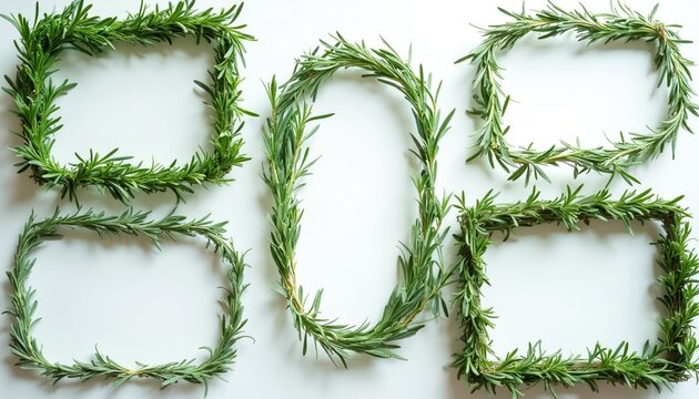 Fresh rosemary herb arranged in square and oval frames on white backdrop. Useful for food styling, recipe design, and natural decor invitations. - Powered by Adobe