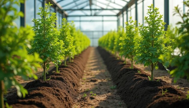 Modern greenhouse young saplings in neat rows. Rich soil highlights cultivation techniques. Sustainable agriculture focus on plant growth, future harvests. Ideal for illustrating eco-friendly farming