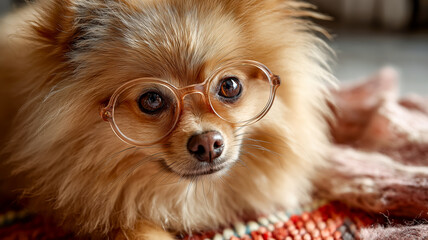 A cute Pomeranian with big brown eyes is wearing transparent glasses while resting on a colorful woven mat. Smart look for a fluffy pal!